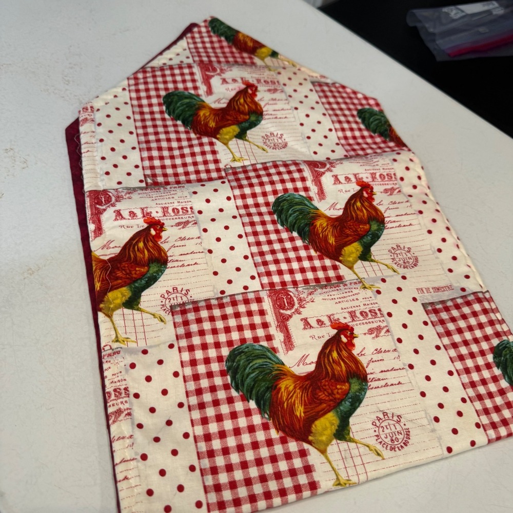 Table Runner Home  Red White Rooster Gingham French Country Quilted Cottagecore
